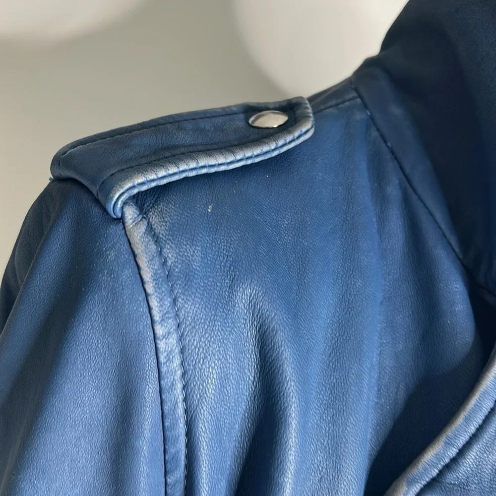 IRO ASHVILLE SZ 36 / US 4 LAMB LEATHER JACKET BLUE DENIM